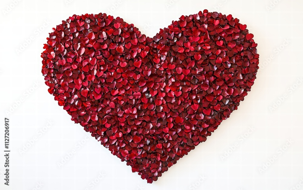 Heart-shaped arrangement made entirely of vibrant red rose petals, neatly layered and symmetrically aligned, creating a romantic and elegant composition on white background Heart-shaped arrangement made entirely of vibrant red rose petals, neatly layered and symmetrically aligned, creating a romantic and elegant composition on white background