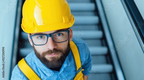 A construction worker in a yellow hard hat and glasses poses on an escalator, showcasing safety and professionalism in his attire.