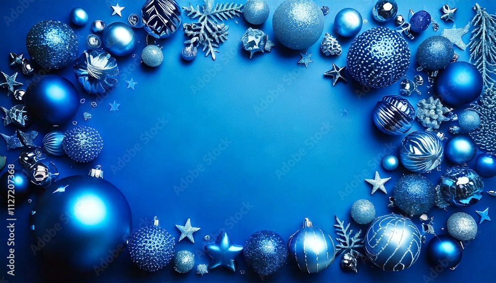 Carte de vœux festive de Noël - Ornements bleus et cadre décoratif de boules de Noël sur fond bleu Generated image