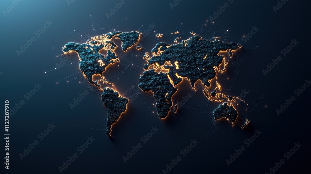Global Distribution Network Maps: A 3D world map with animated lines showing the movement of goods across continents, illustrating global trade and logistics flows. Global Distribution Network Maps: A 3D world map with animated lines showing the movement of goods across continents, illustrating global trade and logistics flows.