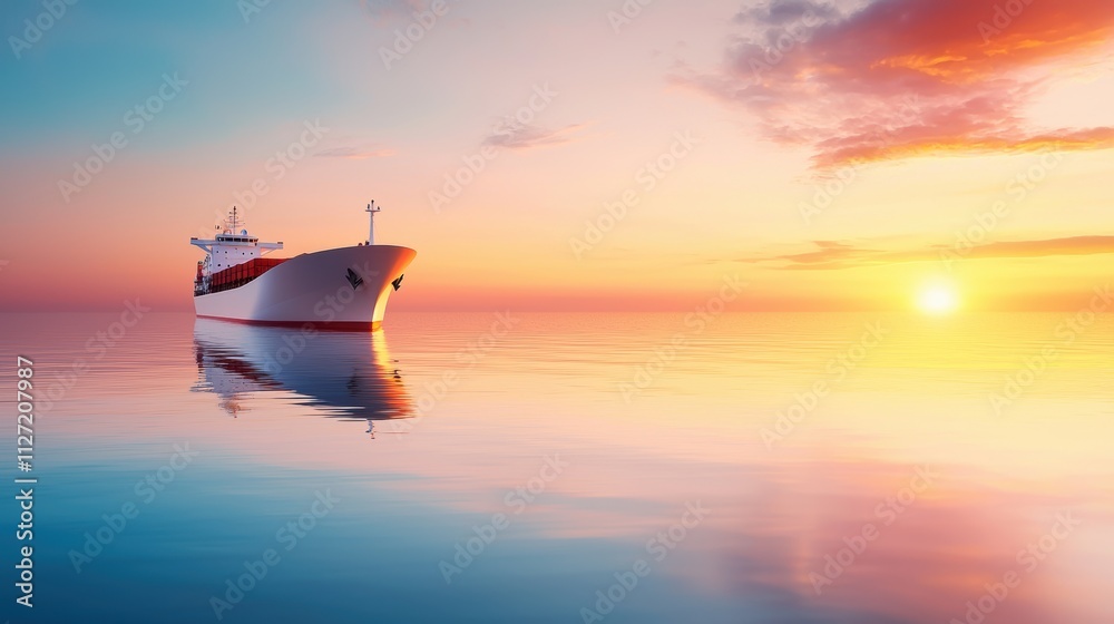 Cargo Ships at Sea: A massive container ship sailing on calm waters at sunset, with the sky reflecting in the ocean, capturing the scale and serenity of maritime transport. Cargo Ships at Sea: A massive container ship sailing on calm waters at sunset, with the sky reflecting in the ocean, capturing the scale and serenity of maritime transport.