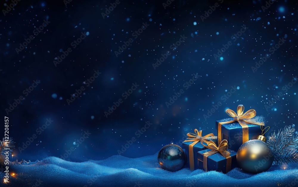 Fototapeta premium Christmas banner with gifts, baubles, snow on the dark blue background with space for texts