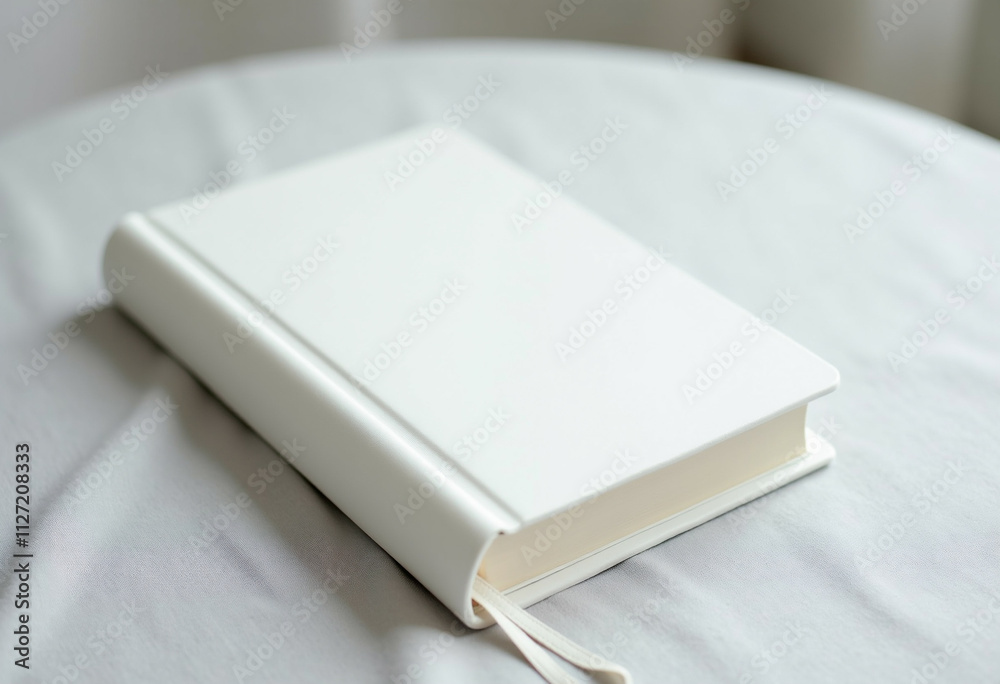Fototapeta premium A pristine white blank notebook rests on a light gray fabric surface.