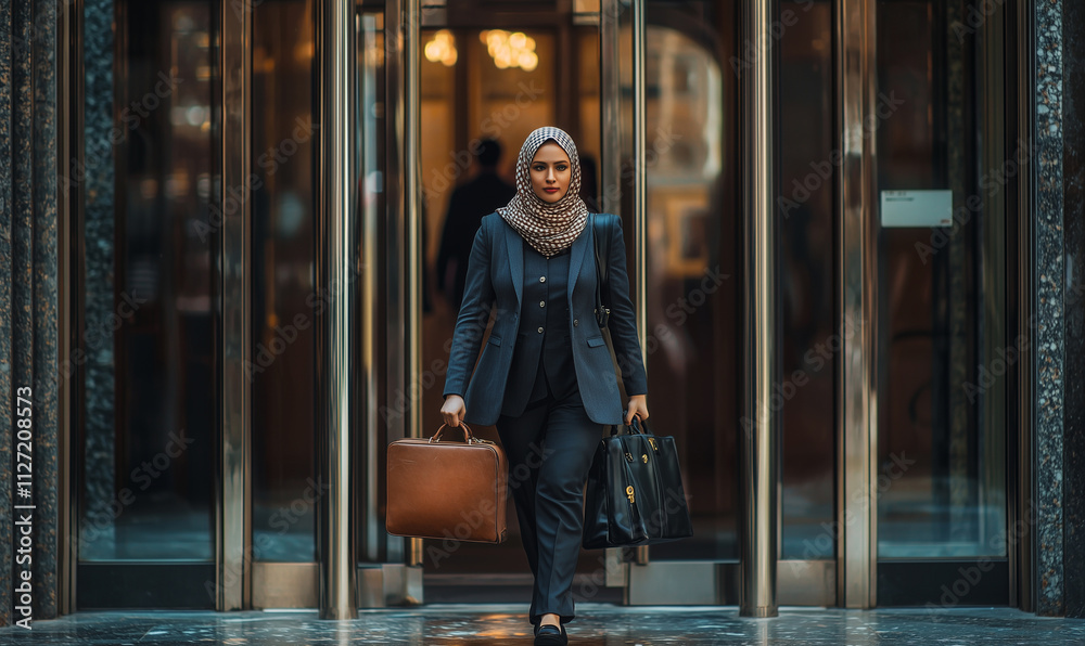A businesswoman Muslim woman in a hijab, wearing a blazer and carrying a briefcase, confidently entering a corporate office. A businesswoman Muslim woman in a hijab, wearing a blazer and carrying a briefcase, confidently entering a corporate office.