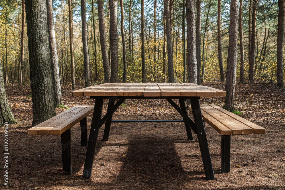 A wooden picnic table surrounded by trees in a serene forest setting.