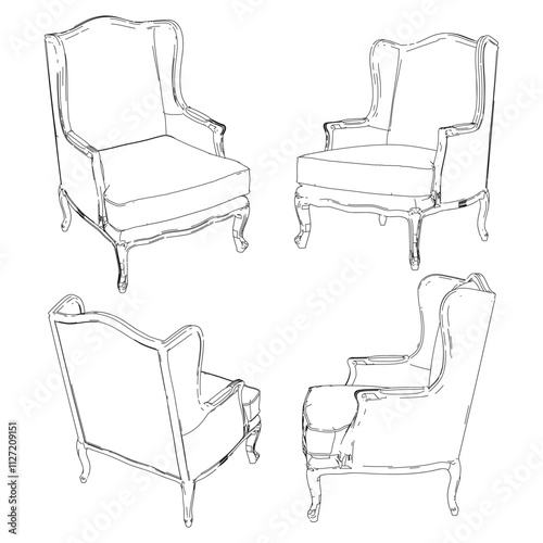 Vintage armchair vector set. Baroque and classic style sketches for luxurious home interiors. Ideal for traditional furniture enthusiasts.