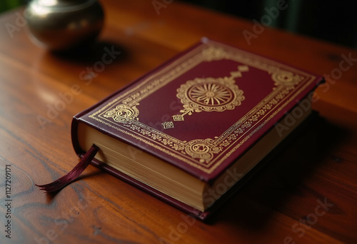 A maroon book with gold detailing rests on a wooden table. photo
