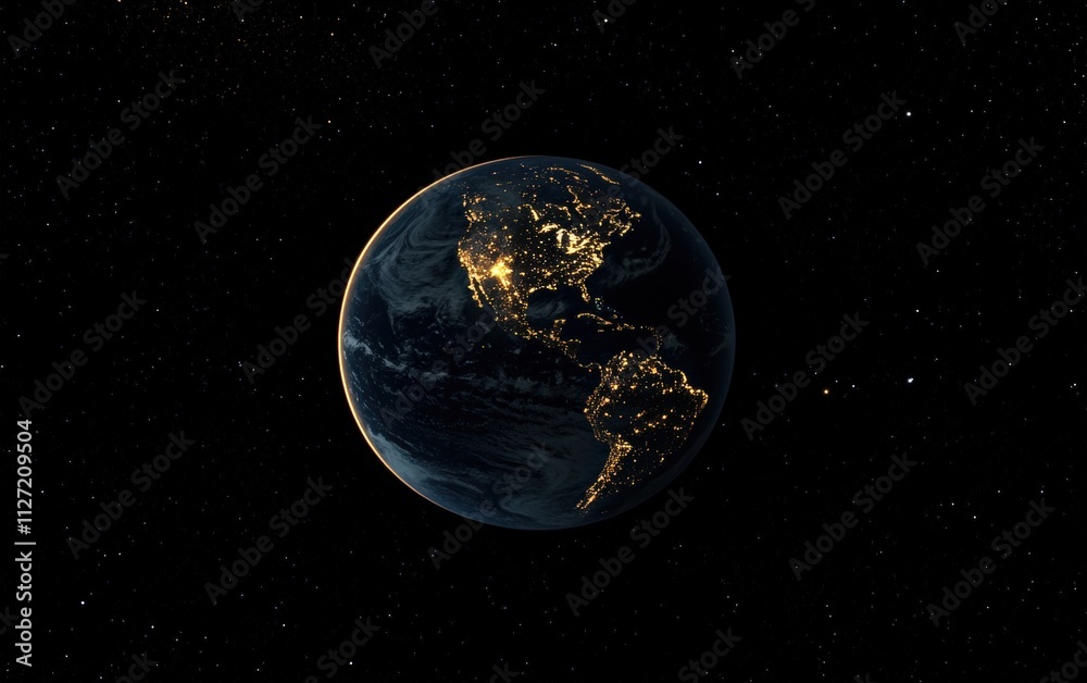 Obraz premium Detailed Earth showing continents and oceans illuminated by sunlight with faint stars in the distance