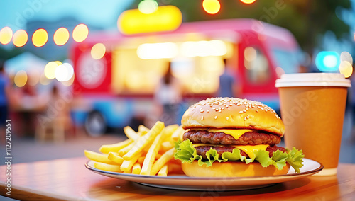 Fototapeta Naklejka Na Ścianę i Meble -  Cheeseburger with fries and coffie cup on the table in restaurant, wooden table, blurred restaurant background