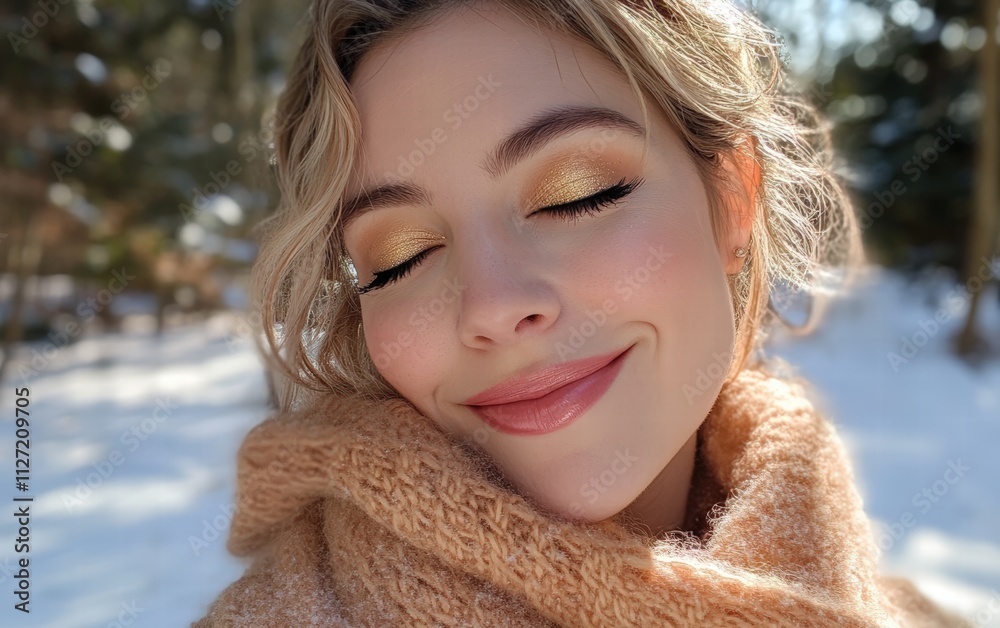 A cheerful woman with glowing skin subtle gold eyeshadow and pink lipstick wearing a cozy scarf against a snowy forest backdrop A cheerful woman with glowing skin subtle gold eyeshadow and pink lipstick wearing a cozy scarf against a snowy forest backdrop