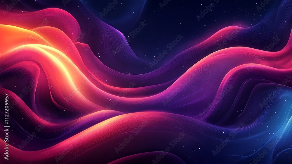 Fototapeta premium Abstract vibrant waves, glowing neon colors, dynamic curves, dark background, cosmic dust.
