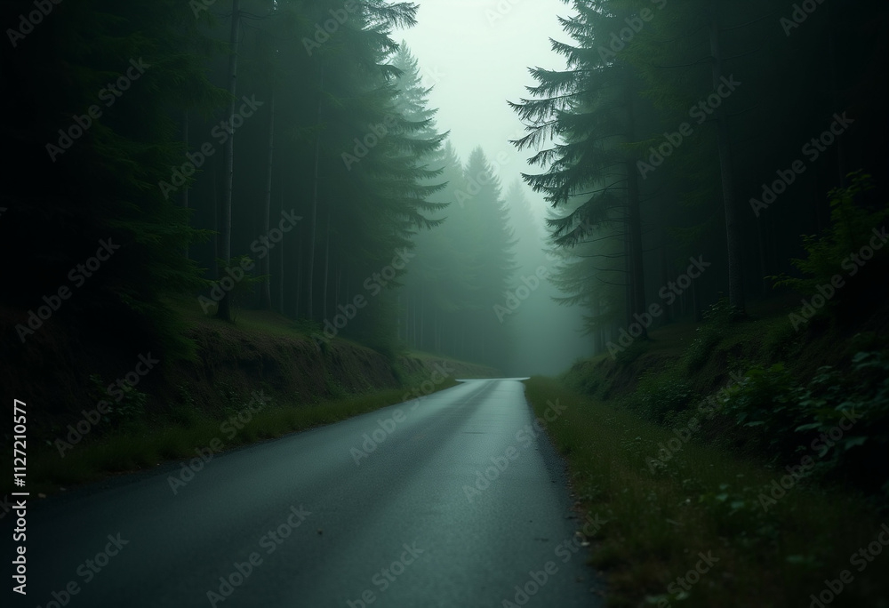 Fototapeta premium A misty road winds through a dark, dense forest, creating an eerie and mysterious atmosphere.
