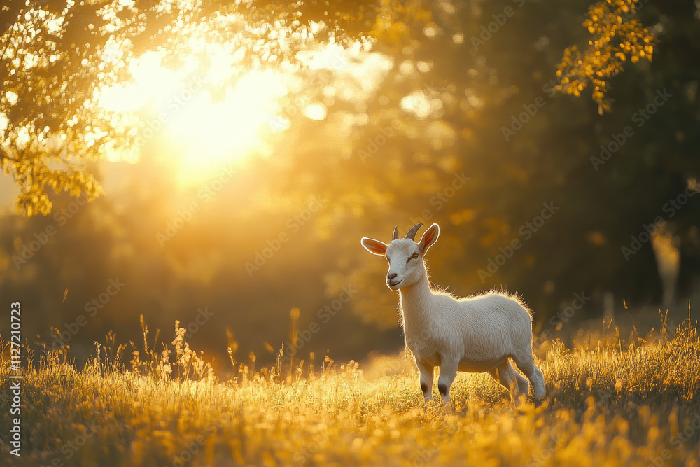 Obraz premium A young goat stands in a sunlit field during golden hour.