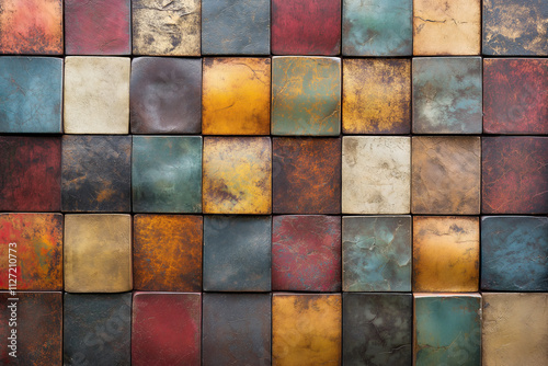 Colorful textured tiles arranged in a vibrant grid pattern on a wall. Generative AI