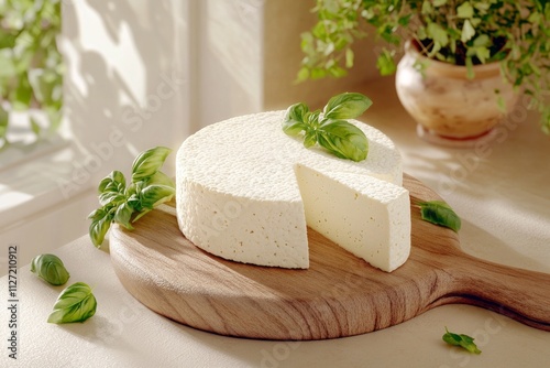 Fresh tofu cheese with basil leaves on wooden cutting board sprinkled with herbs in bright sunlig photo