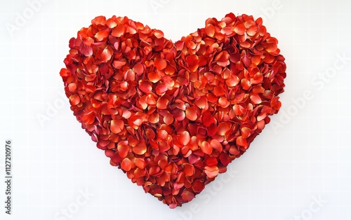 Heart-shaped arrangement made entirely of vibrant red rose petals, neatly layered and symmetrically aligned, creating a romantic and elegant composition on white background