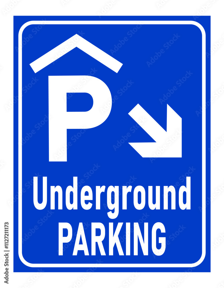 custom made wallpaper toronto digitalUnderground parking sign, with the classic P letter, roof symbol above it and directional arrow pointing down. Text below.