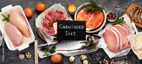 Carnivore diet on dark background.