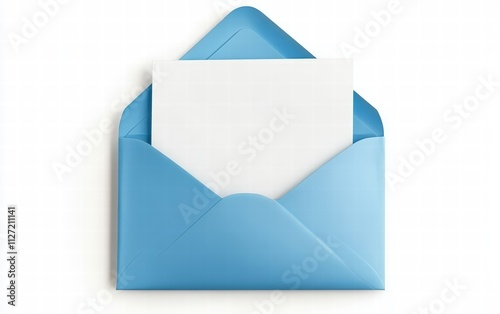 Illustration of an open blue envelope with blank white paper isolated on white background