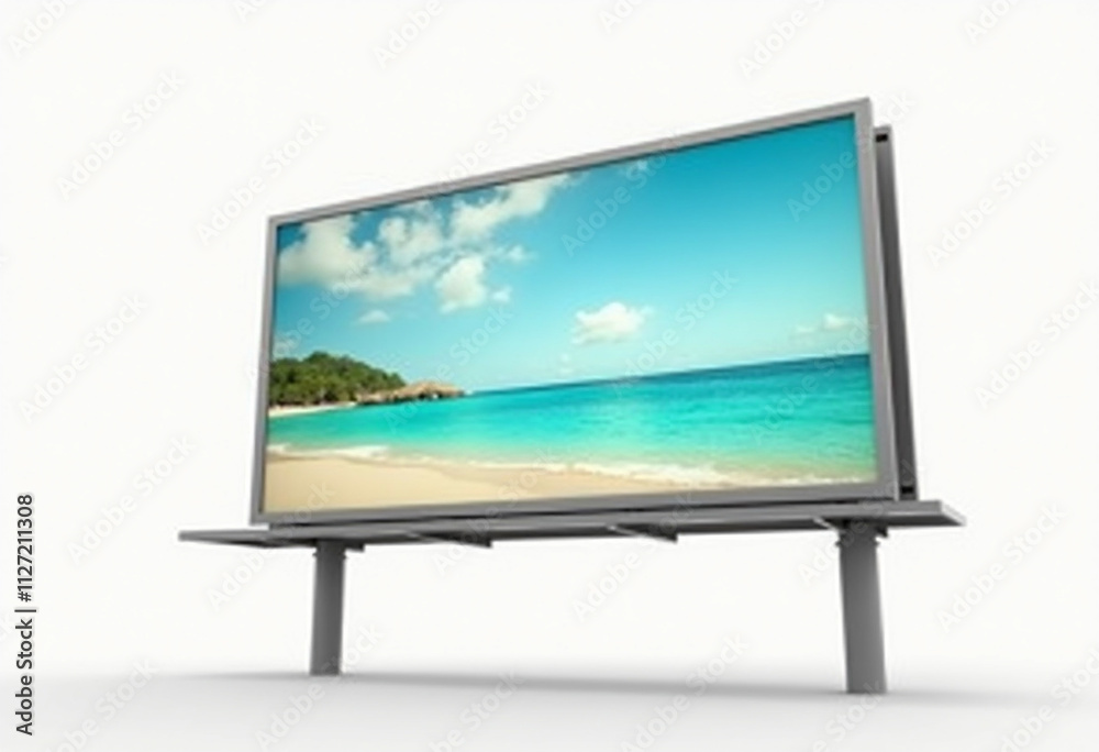 Fototapeta premium A billboard displays a serene tropical beach scene, perfect for advertising travel or relaxation.