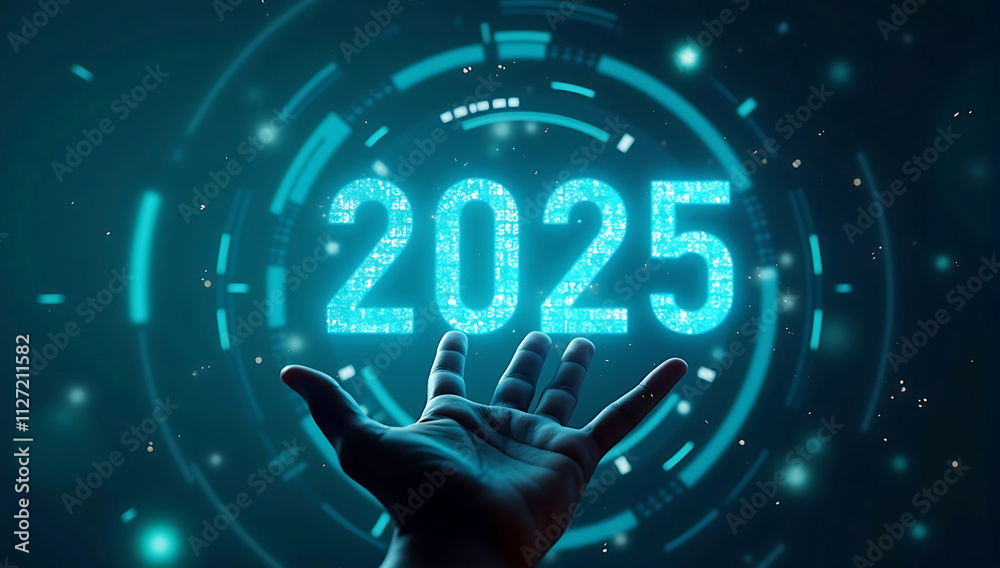 Futuristic hologram of 2025, glowing cyan digits, outstretched hand reaching, digital particles, circular techno interface, dark background Futuristic hologram of 2025, glowing cyan digits, outstretched hand reaching, digital particles, circular techno interface, dark background
