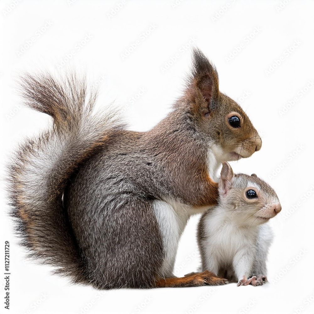 Obraz premium Generated imageécureuil, maman, bébé, animal, rongeur, mammifère, joli, faune, rouge, nature, animal, queue, sauvage, fourrure, mangeant, noix, arbre, gris, parc, brun, poilu, arachide, petit, isolé, 