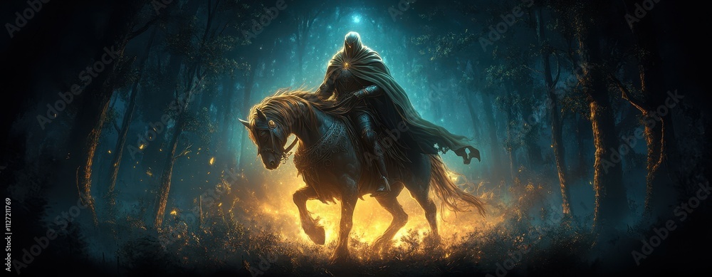 Fototapeta premium Mystical hooded figure on horseback in an enchanted forest, illuminated by sparks and an otherworldly glow, creating a magical atmosphere.