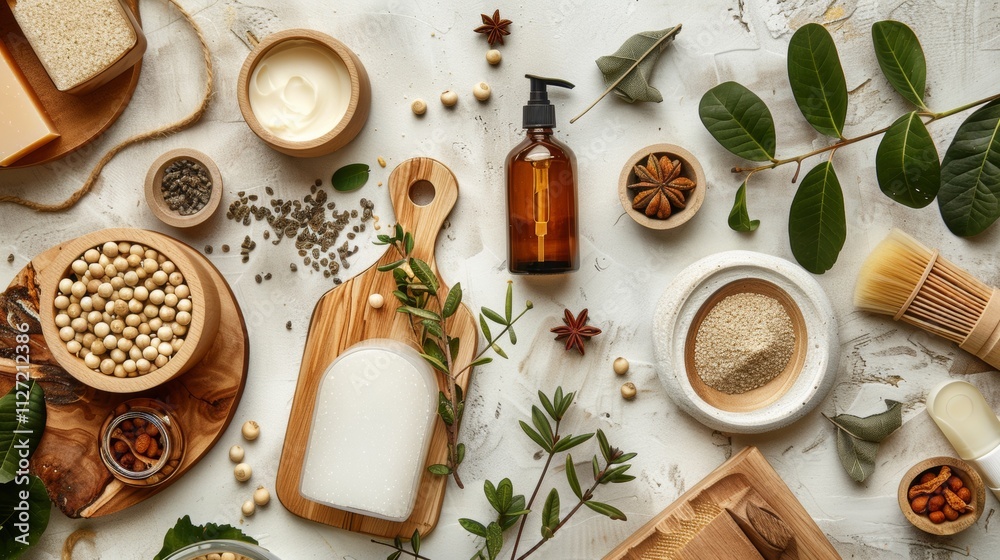 Natural skincare products and wooden accessories in a flat lay Natural skincare products and wooden accessories in a flat lay