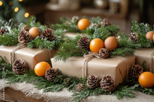 Elegant holiday gift wrapping ideas using brown paper and fresh greenery for a timeless and eco-friendly festive look. photo