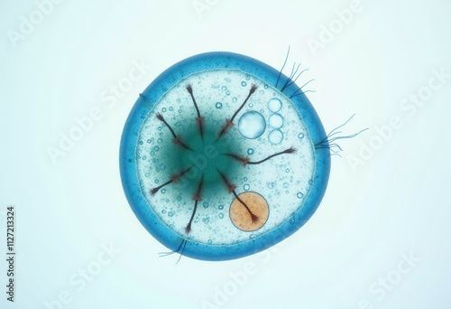 Microscopic image of a single-celled organism with numerous flagella, exhibiting a unique cellular structure.
