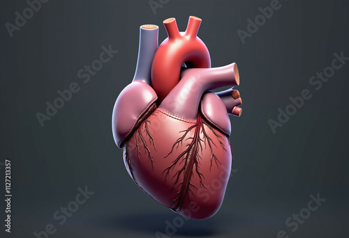 A detailed 3D model of a human heart, showcasing its chambers, valves, and blood vessels.