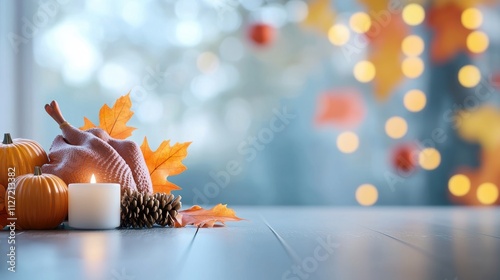 Holiday and Seasonal Themes: A festive Thanksgiving table with a roasted turkey, pumpkins, and other autumnal decorations. photo