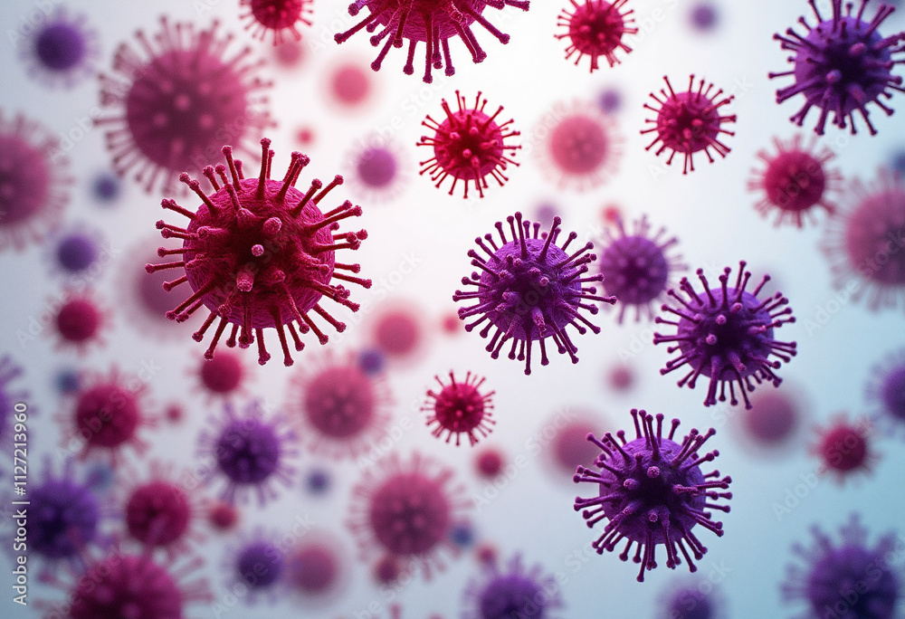Microscopic view of numerous viruses, diverse in color and size, floating in space. Microscopic view of numerous viruses, diverse in color and size, floating in space.