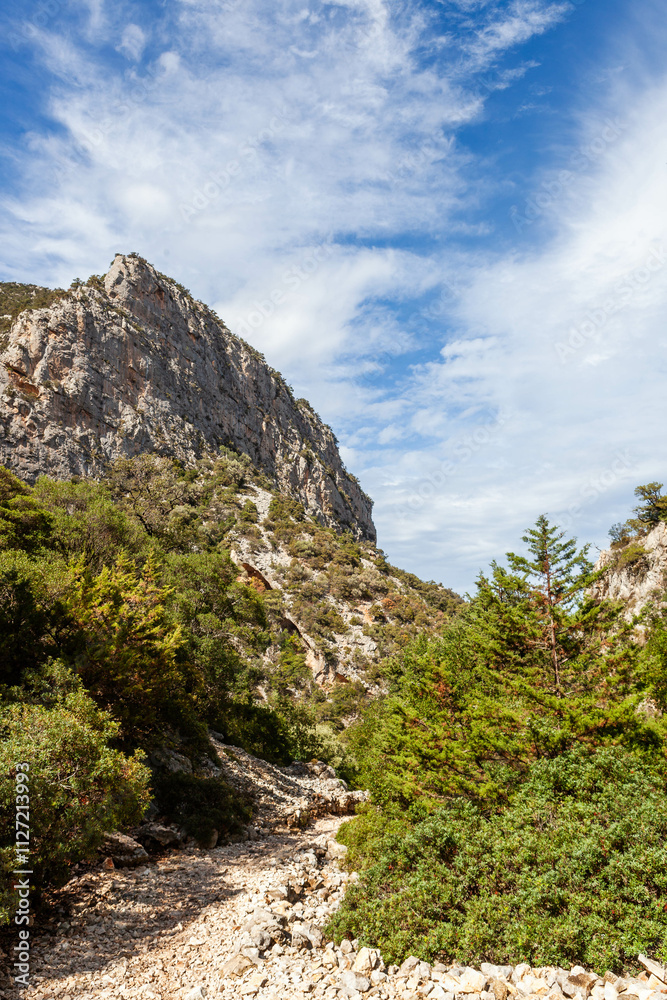 Trail to Cala Goloritze beach in Sardinia. Cliffs and blue sky. Hiking trail in the Baunei area at the Gulf of Orosei in Sardinia, Italy. Trail to Cala Goloritze beach in Sardinia. Cliffs and blue sky. Hiking trail in the Baunei area at the Gulf of Orosei in Sardinia, Italy.