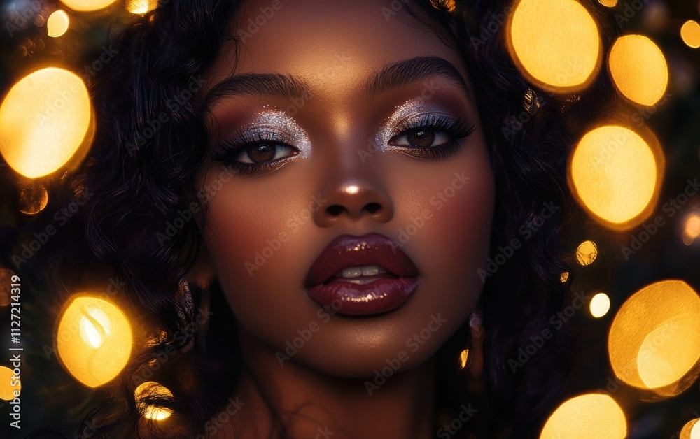 A festive portrait of a woman with glowing skin silver eyeshadow and berry-toned lips surrounded by blurred golden Christmas lights A festive portrait of a woman with glowing skin silver eyeshadow and berry-toned lips surrounded by blurred golden Christmas lights