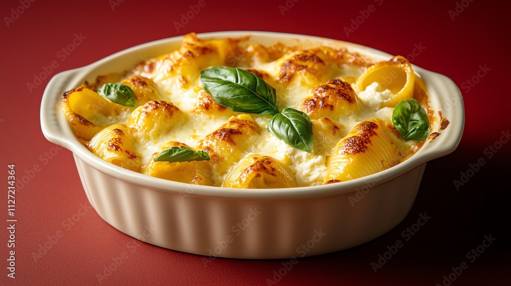 Creamy baked pasta in a white dish with fresh basil on a red background. Creamy baked pasta in a white dish with fresh basil on a red background.