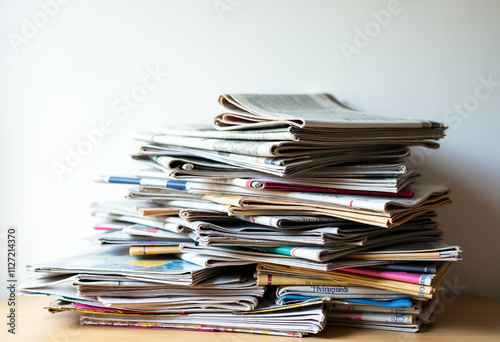 A large stack of newspapers and magazines, piled high, showing various publications and headlines.