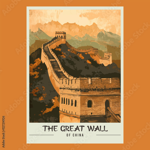 The Great Wall of China Retro Travel Style Poster Stock Vector