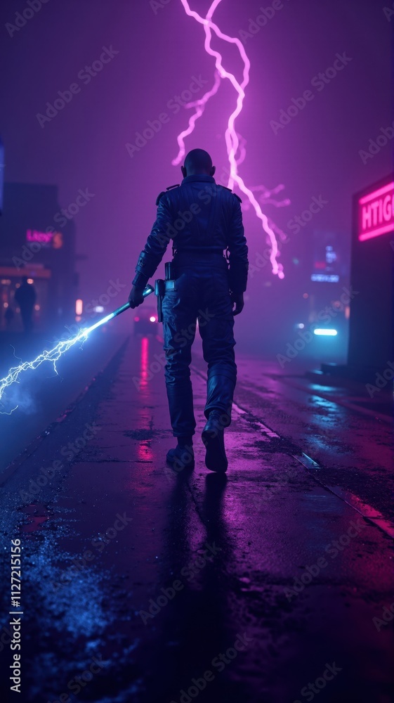Obraz premium Cyberpunk police officer walking down street with lightning sword during thunderstorm