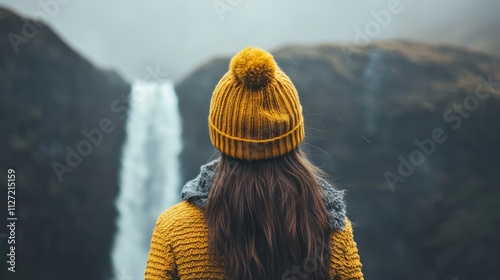 Woman overlooking waterfall at skogafoss, Iceland. SkÃ³gafoss, Ãsland. photo