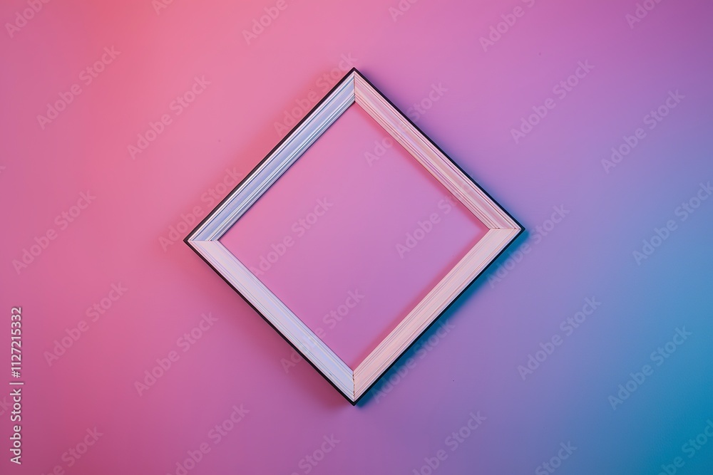 A photo of a pink-to-blue gradient background with a white, empty rectangular frame floating in the center. A photo of a pink-to-blue gradient background with a white, empty rectangular frame floating in the center.