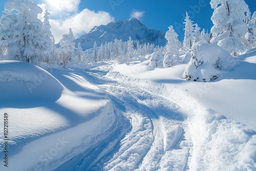 Fresh ski tracks carve through pristine snow in a picturesque winter landscape