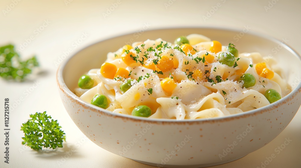 Delicious creamy pasta with peas and carrots in a stylish bowl. Delicious creamy pasta with peas and carrots in a stylish bowl.