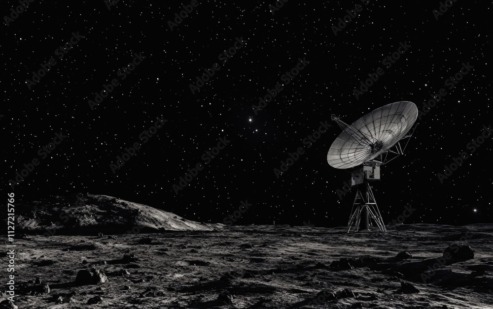 A large communication satellite dish on the surface of the Moon under a star-filled black sky A large communication satellite dish on the surface of the Moon under a star-filled black sky