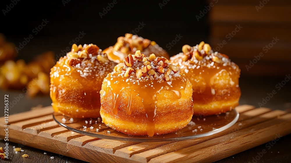 Delicious donuts topped with caramel and nuts, arranged on a wooden plate. Delicious donuts topped with caramel and nuts, arranged on a wooden plate.
