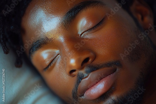 Close-up of the face of an African American man with his eyes closed, resting, sleeping.