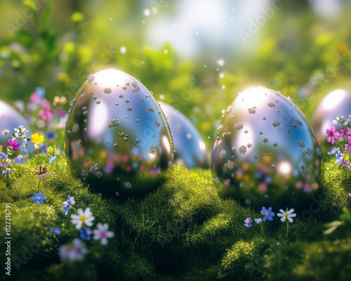  A glowing golden Easter egg peeking through the dense foliage of vibrant green grass