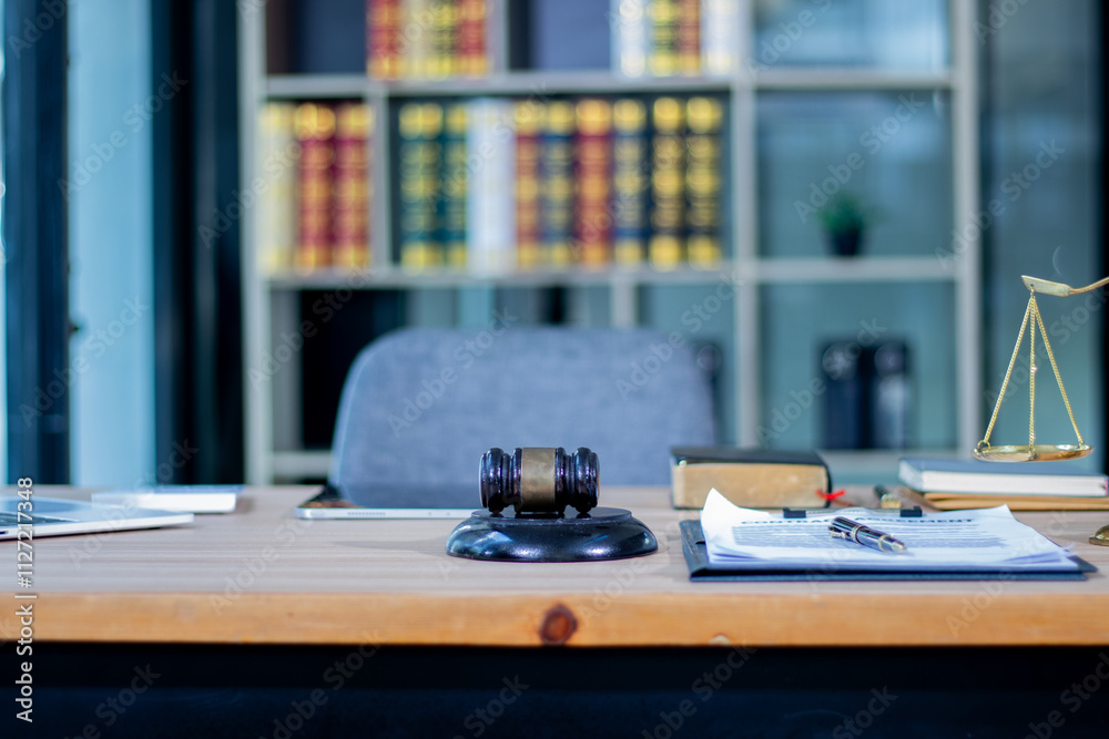 Judge's gavel on table in lawyer's office and Judge's gavel on table in lawyer's office and