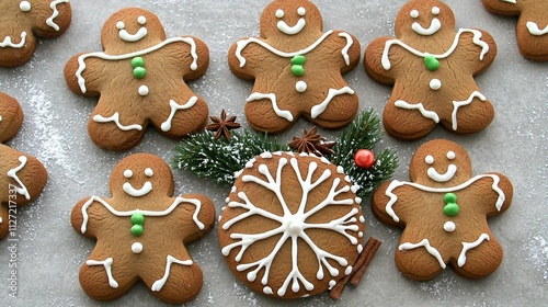 Festively Decorated Gingerbread Cookies on a Winter Background