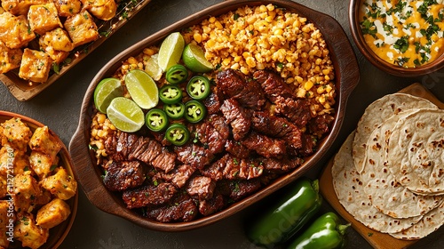 Delicious grilled steak with lime, jalapenos, and sides of corn and tortillas.